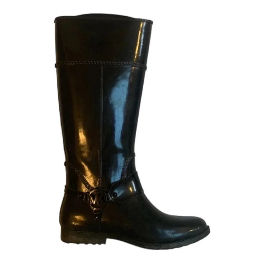 Michael Kors Fulton Harness Tall  Black Glossy Equestrian Rain Boots 8